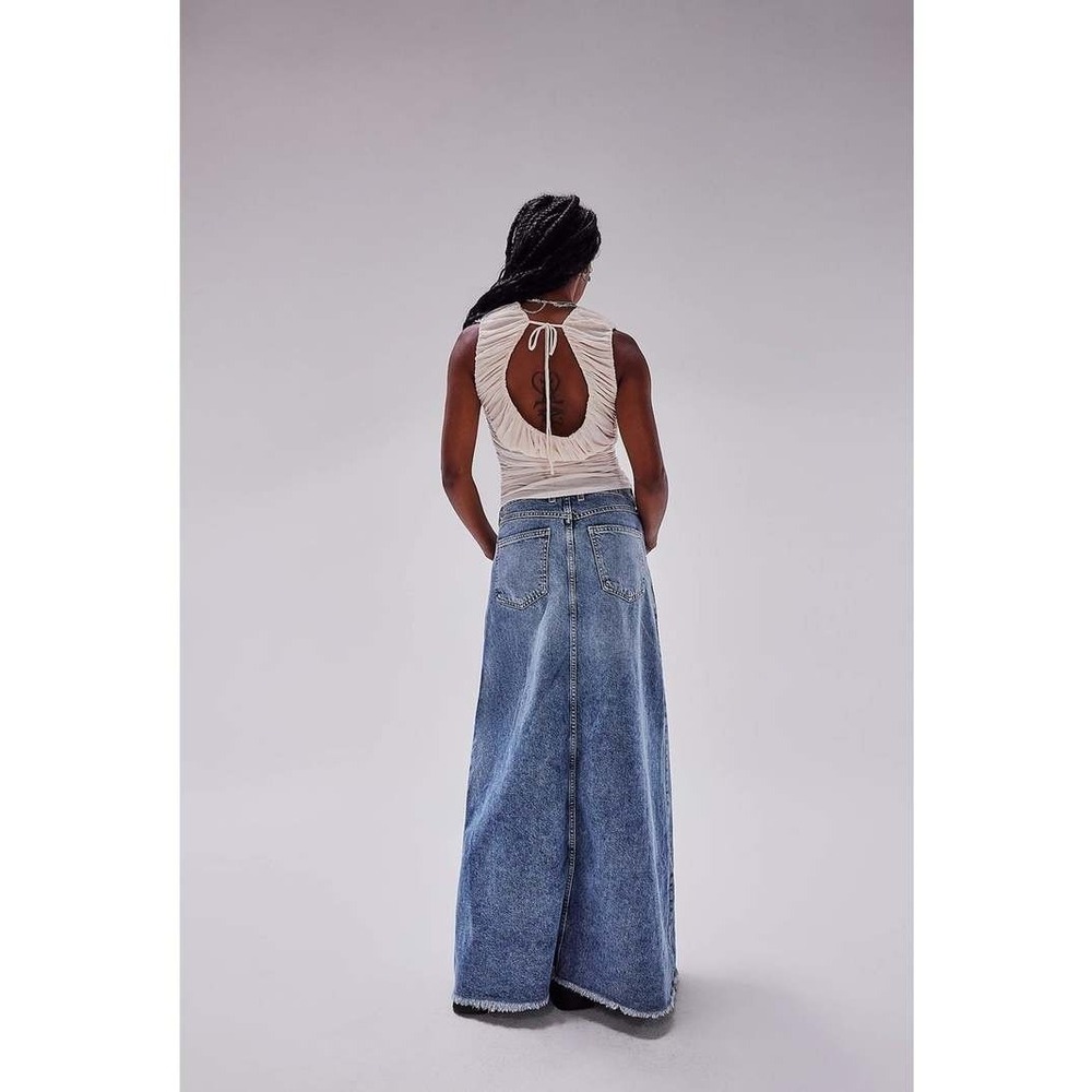 We The Free People Come As You Are Denim Jean Maxi Skirt Blue Frayed Boho 6 - Picture 9 of 16